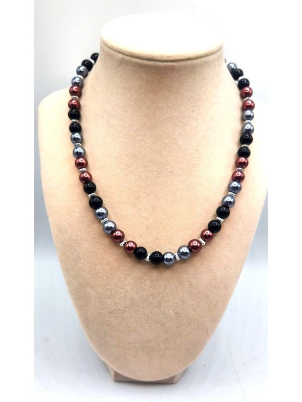 Necklace With Black Red & Gray Pearlescent Glass Beads, Silver Tone Accents